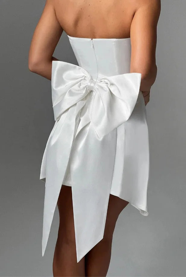 Strapless Satin Mini Dress with A-Line and Asymmetric Bow Detail - Roselyn