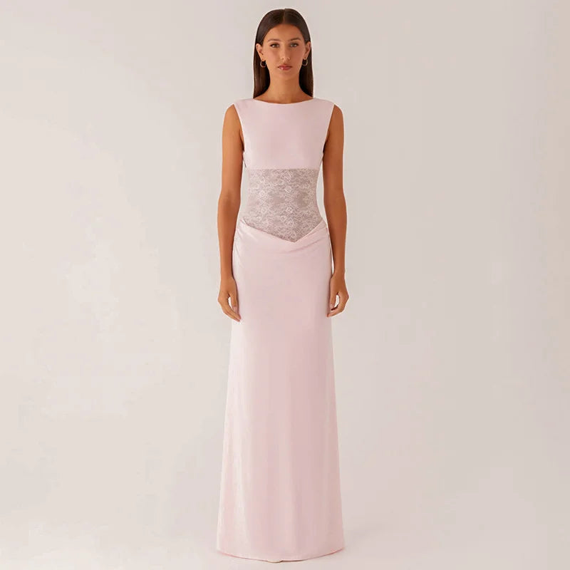 Maxi Dress with Lace and Pleats, Open Back - Lilin