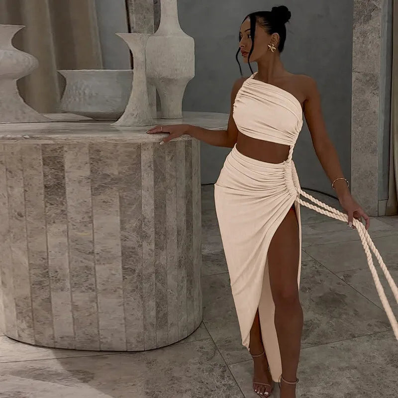 Maxi One-Shoulder Dress with Cutout and Slit, Braided Detail - Panama