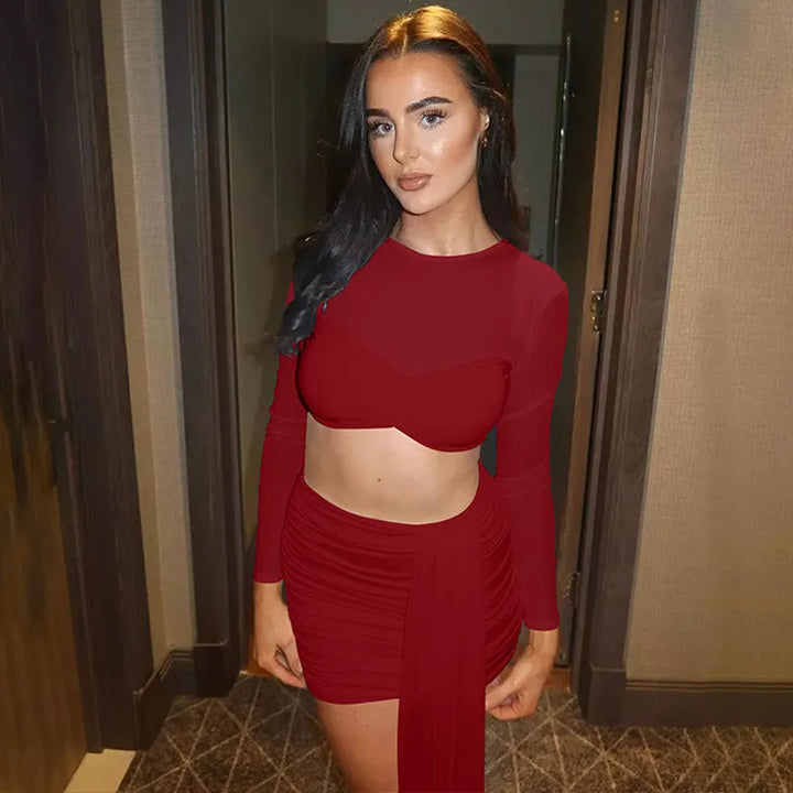 Two-piece set mini ruched skirt with train and mesh top with ruching design - Britney