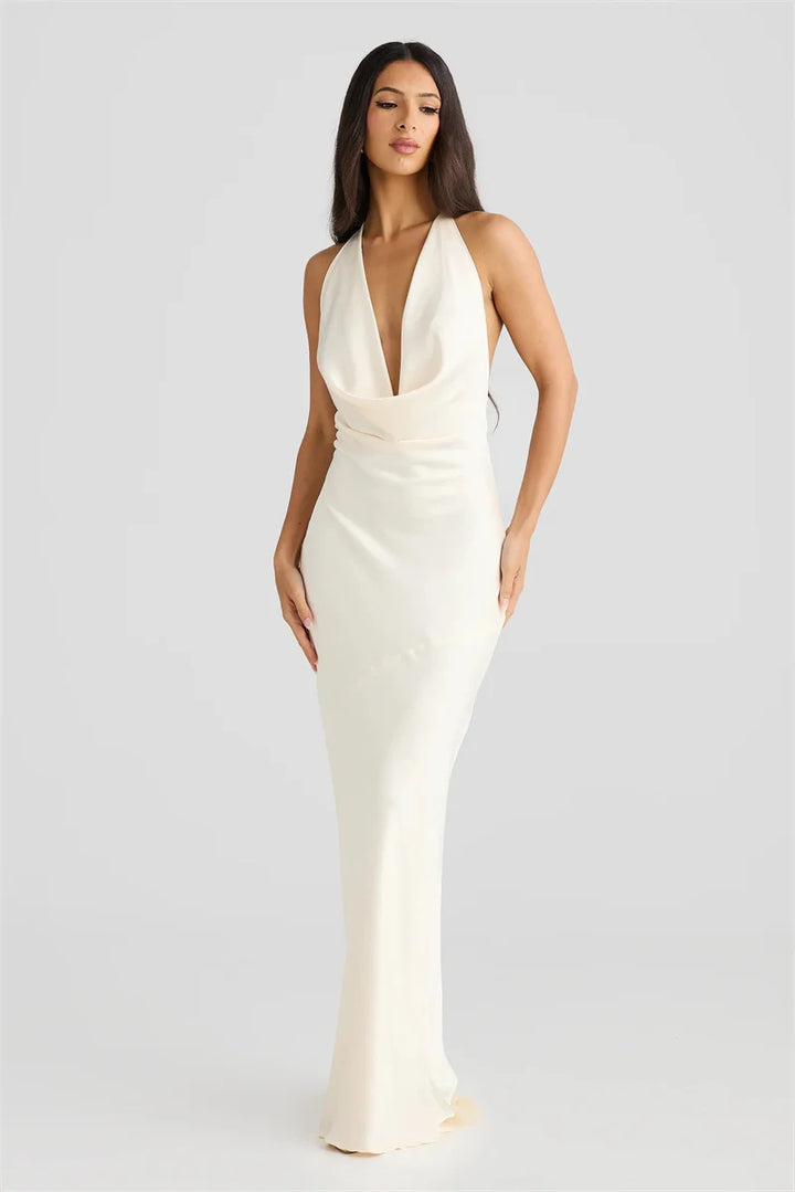 Satin Maxi Dress with Open Back and Draped Collar - Paula