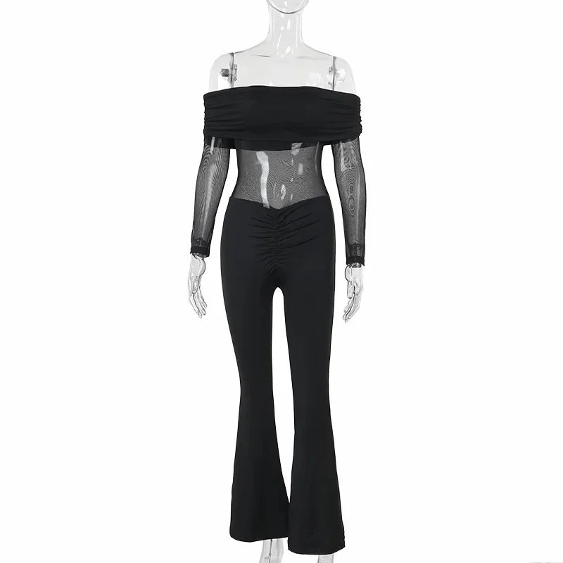 Shaping fabric jumpsuit with mesh design and off-shoulder pedal pants - Maya Lee