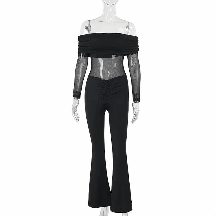 Shaping fabric jumpsuit with mesh design and off-shoulder pedal pants - Maya Lee
