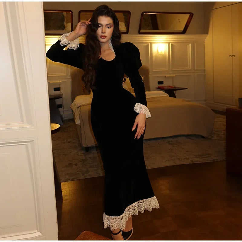 Velvet Maxi Dress with Lace Embellation - Saylor