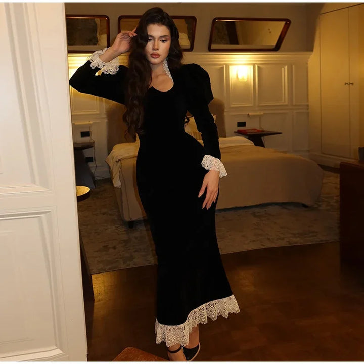 Velvet Maxi Dress with Lace Embellation - Saylor