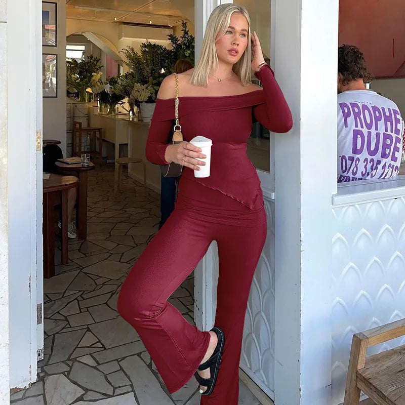 Two-piece knitted set with asymmetrical off-shoulder top and long pants - ROZIE