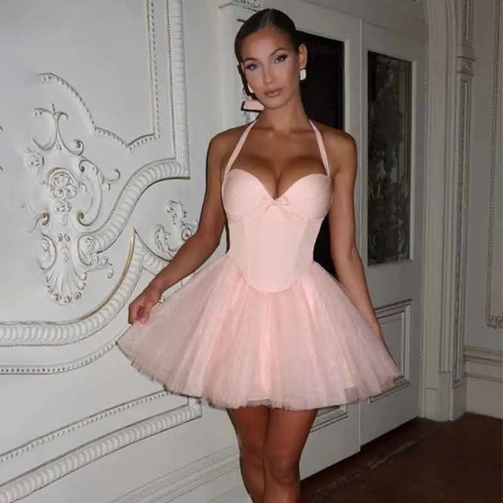 Ballerina mini dress in A-line cut with corset and tulle open back design - Mimi