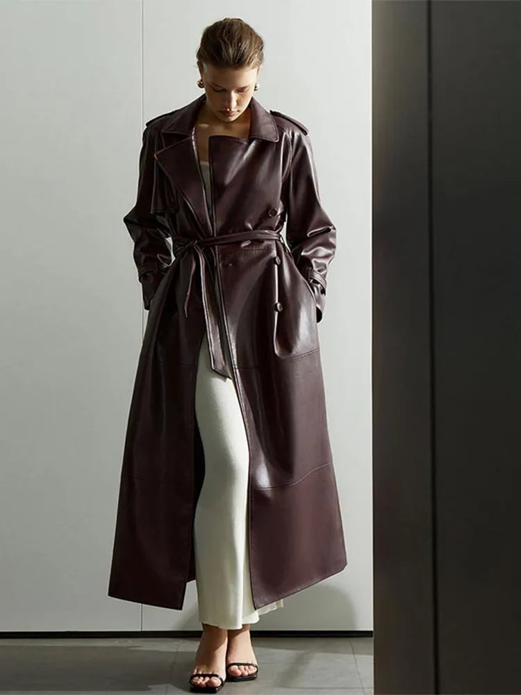 Long Leather Coat with Button Details and Tie Belt - LARA