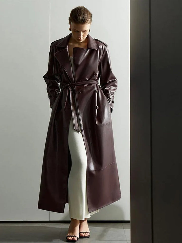 Long Leather Coat with Button Details and Tie Belt - LARA