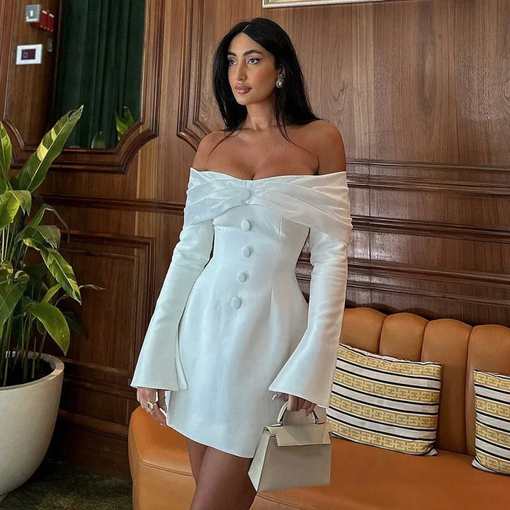 Mini A-line dress with off-shoulder and button decoration - Milian