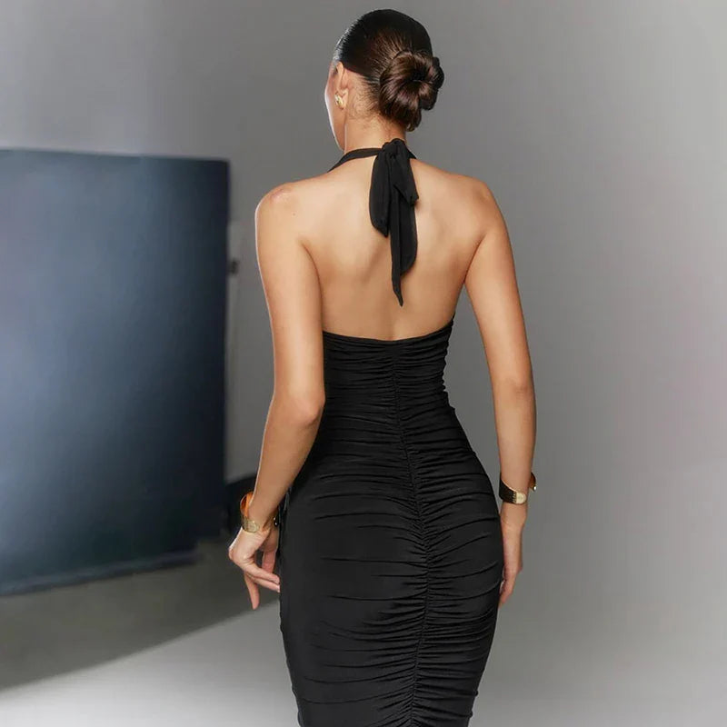 Maxi Dress with Ruching, Open Back, and Neck Tie - Lima