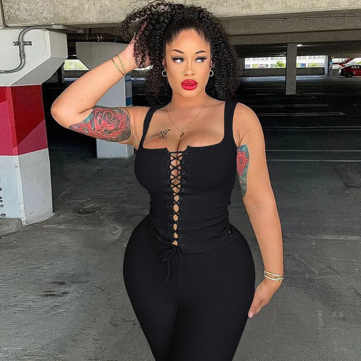 Two-piece set tie top and three-quarter leggings - Nadia