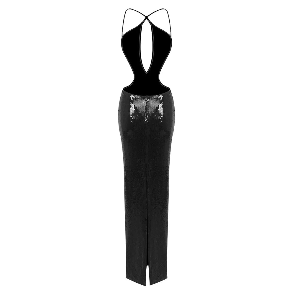 Sequin Maxi Dress with Cross Design and Open Back - Blake