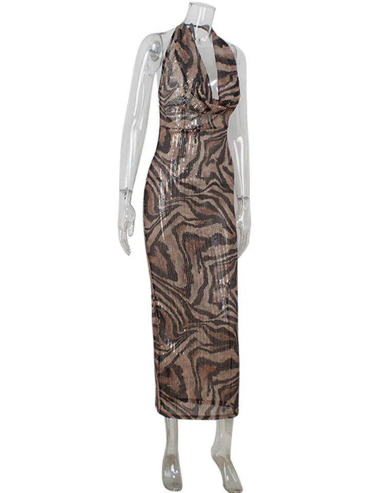 Leopard Print Sequin Maxi Dress with Draped Collar and Open Back - Magnolia