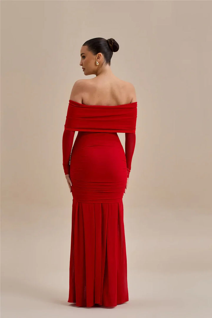 Off-shoulder maxi dress with ruching and floral appliqué decoration - Angelica