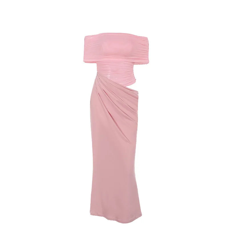 Maxi dress with ruching, mesh design and off-shoulder - Keshet