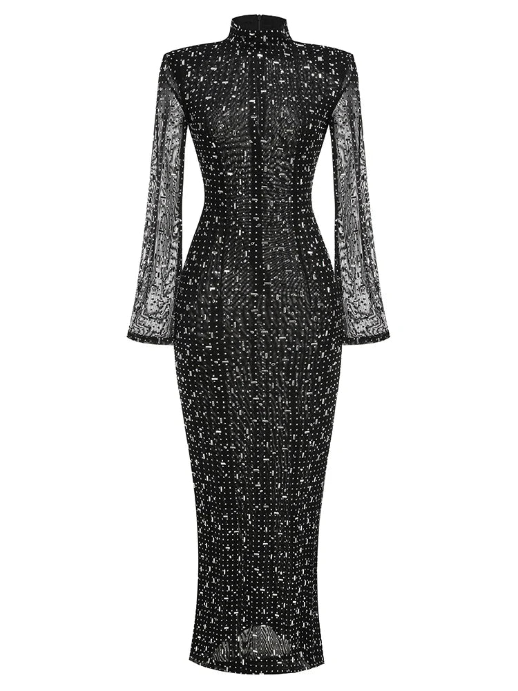 Luxurious Evening Maxi Dress with Sparkling Diamond Embellishment and Turtleneck Collar - Emerson
