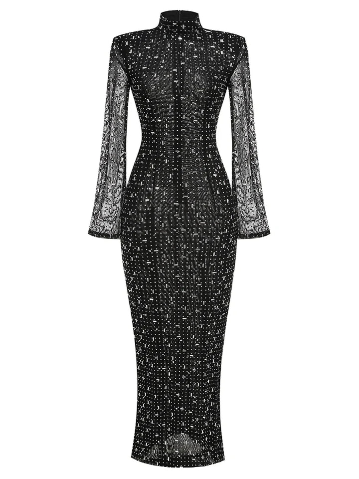 Luxurious Evening Maxi Dress with Sparkling Diamond Embellishment and Turtleneck Collar - Emerson