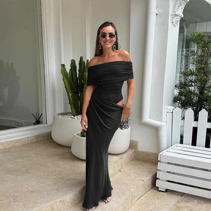 Maxi dress with ruching, mesh design and off-shoulder - Keshet