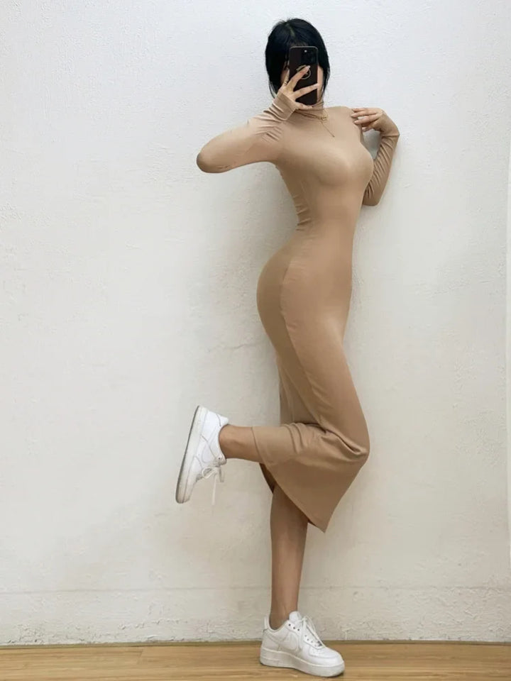 Fitted Knitted Midi Dress with Turtleneck - Kira