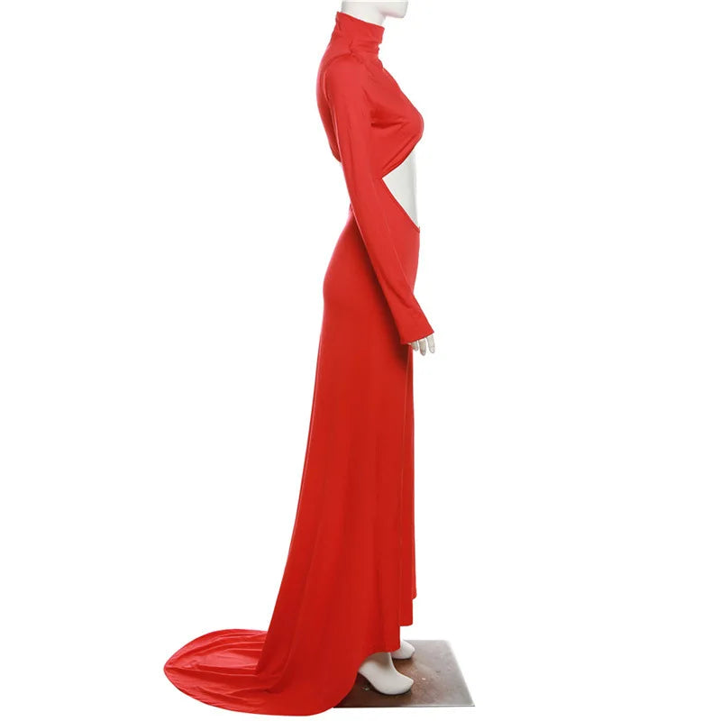 Elegant maxi dress with turtleneck and open belly - Rojo