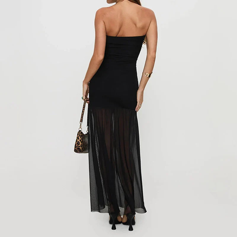 Strapless maxi dress with chiffon decoration and slit - Lettie