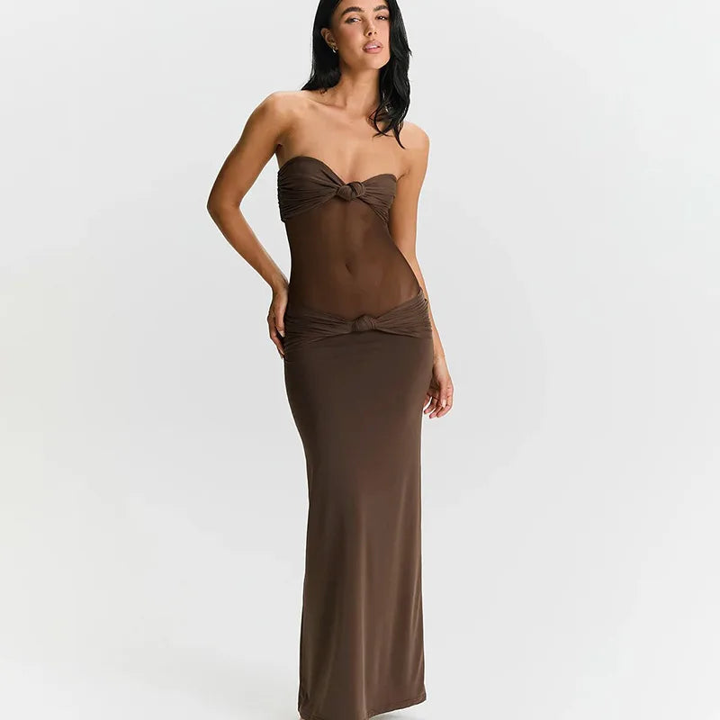 Maxi Dress with Removable Straps, Ruched and Mesh Design - Blair