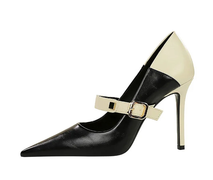Faux Leather Pointed Heel Shoes with Buckle Decoration - Margaret