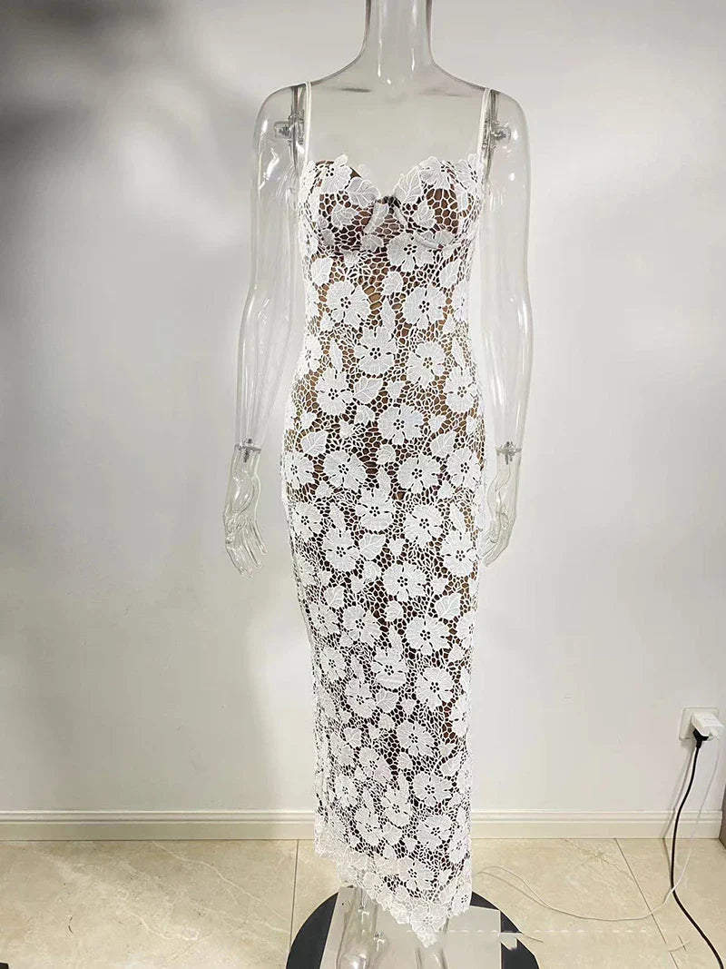 Lace Maxi Dress with Floral Embroidery and Back Ties - Veronica