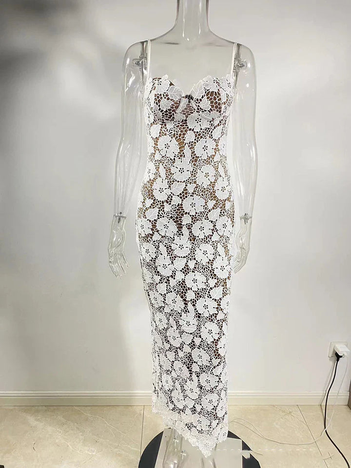 Lace Maxi Dress with Floral Embroidery and Back Ties - Veronica
