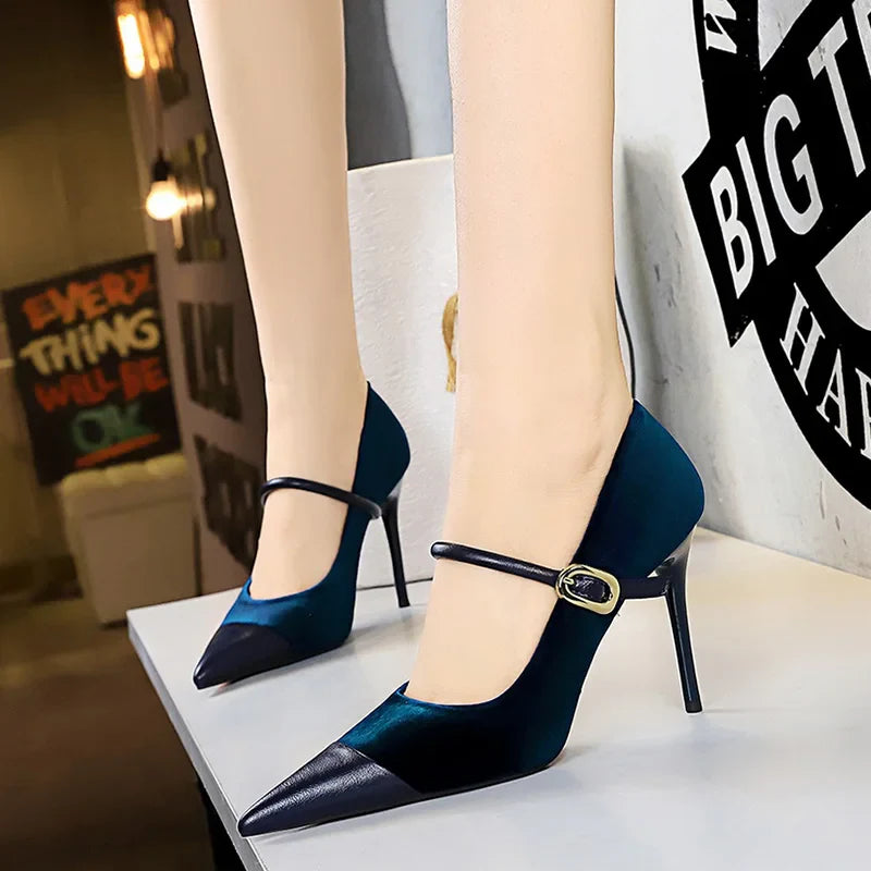 Pointed Heel Shoes with Velvet and Faux Leather Buckle Decoration - Mabel