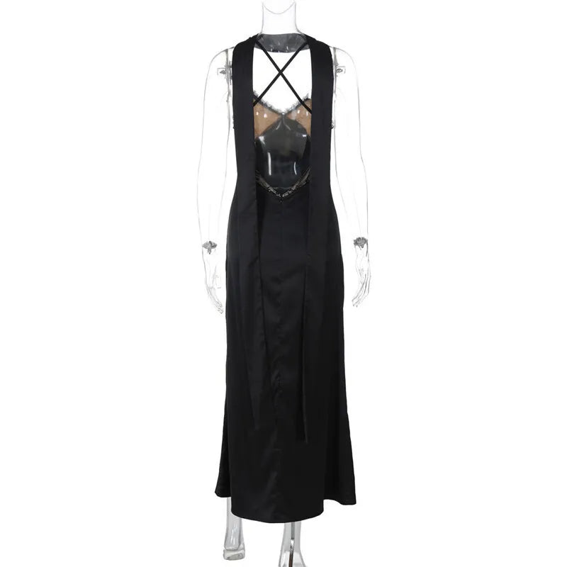 Maxi satin dress with lace decoration and matching scarf, open back - Liset