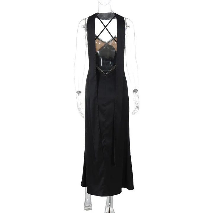 Maxi satin dress with lace decoration and matching scarf, open back - Liset