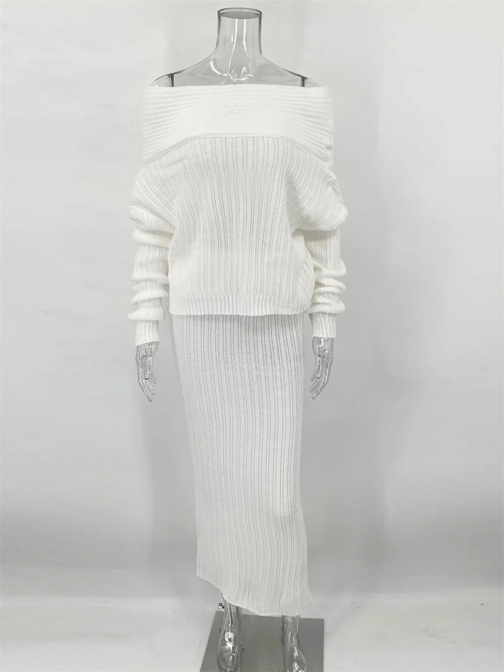 Two-Piece Knit Set with Off-Shoulder Top and Maxi Skirt - Ilona