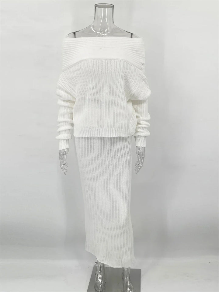 Two-Piece Knit Set with Off-Shoulder Top and Maxi Skirt - Ilona