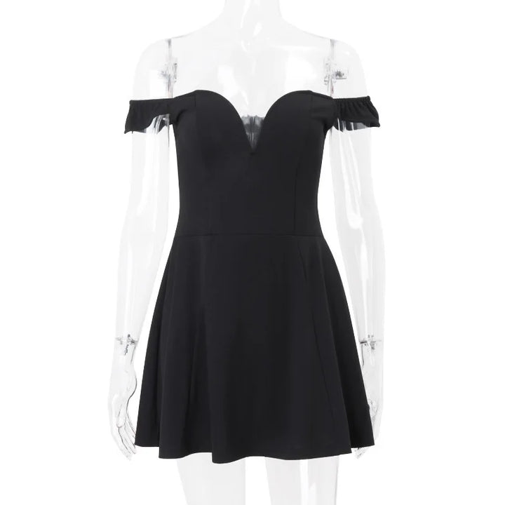 Mini A-line dress with off-shoulder V-neck - AMOR