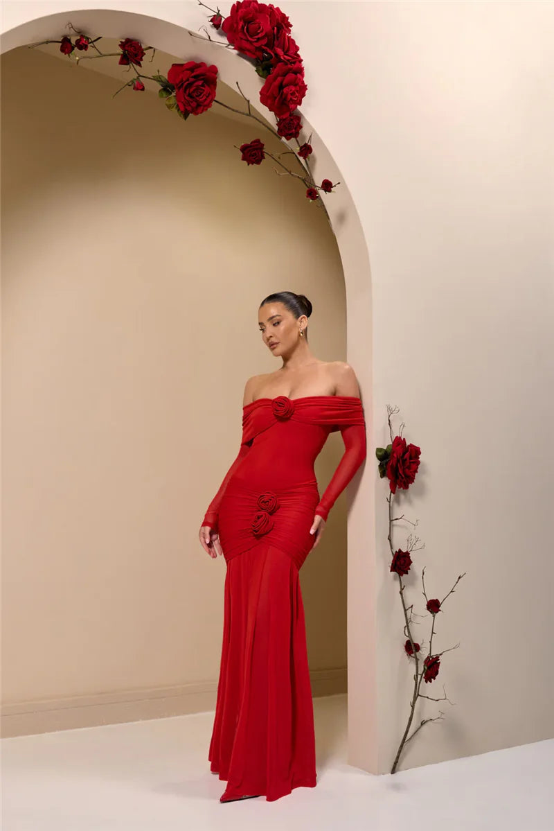Off-shoulder maxi dress with ruching and floral appliqué decoration - Angelica
