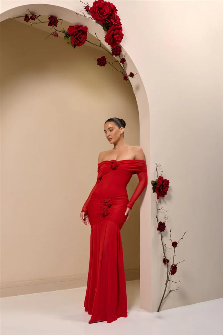 Off-shoulder maxi dress with ruching and floral appliqué decoration - Angelica