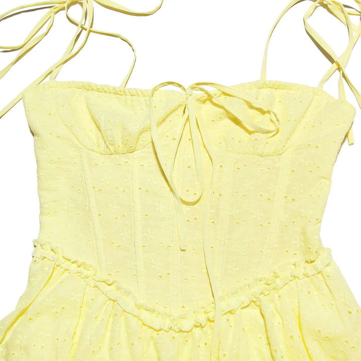 A-Line Mini Dress with Embroidery and Tie Straps - GAYA