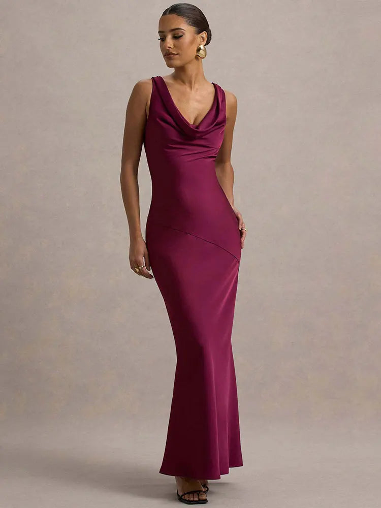 Maxi satin dress with draped collar and open back - Alexis