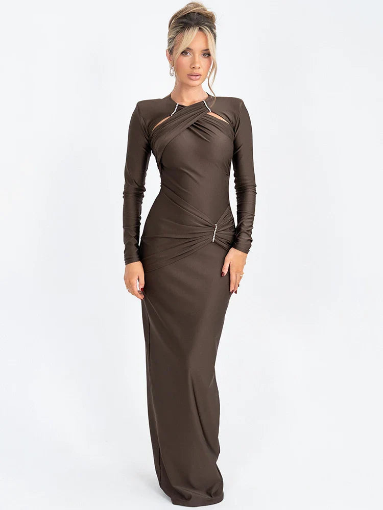 Shaping Fabric Maxi Dress with Ruched Decoration and Rhinestone Buckles - Sadie