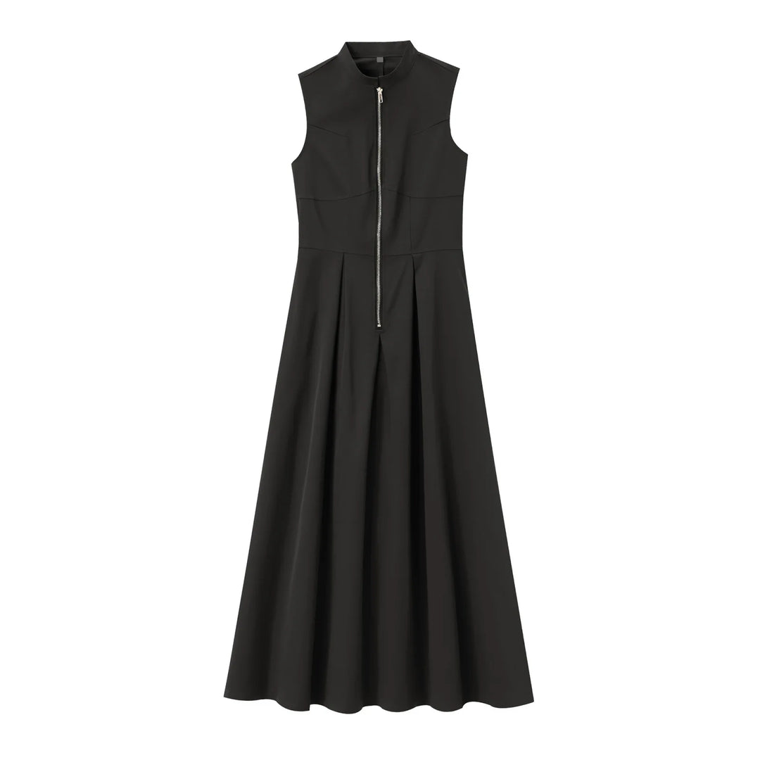 Tailored A-Line Maxi Dress with Front Zipper Closure - Adriana