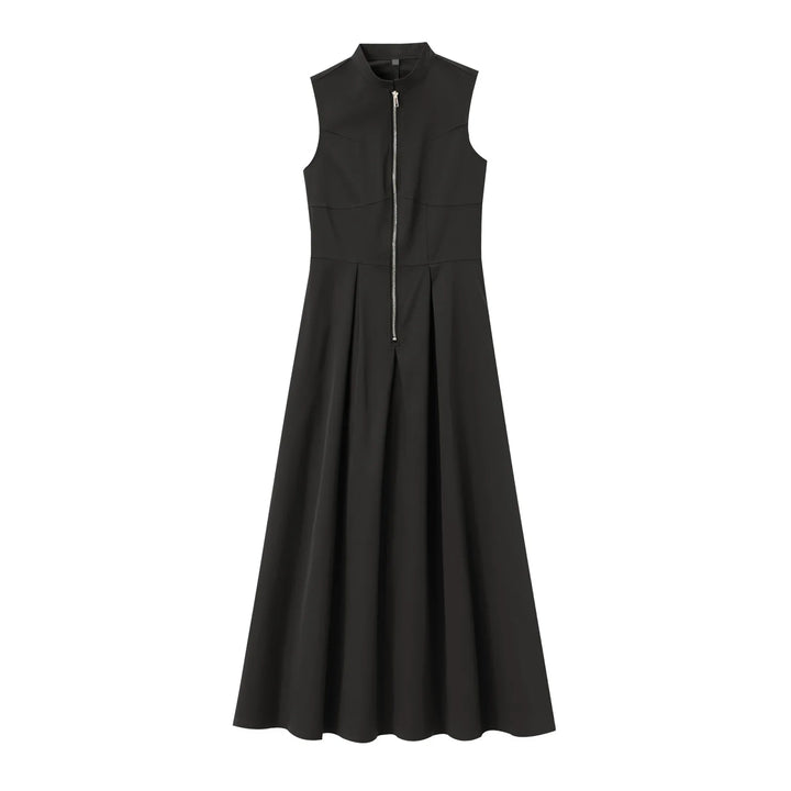 Tailored A-Line Maxi Dress with Front Zipper Closure - Adriana