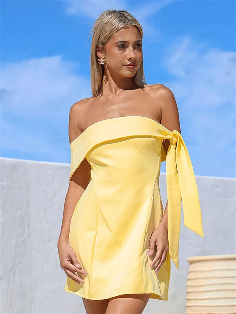 Mini A-line dress with bare shoulders decorated with tie - Sheli