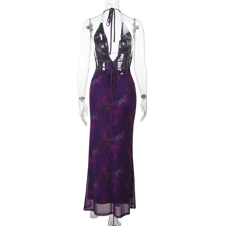 Summer mesh maxi dress with neck tie and hoop buckle details - Amaya
