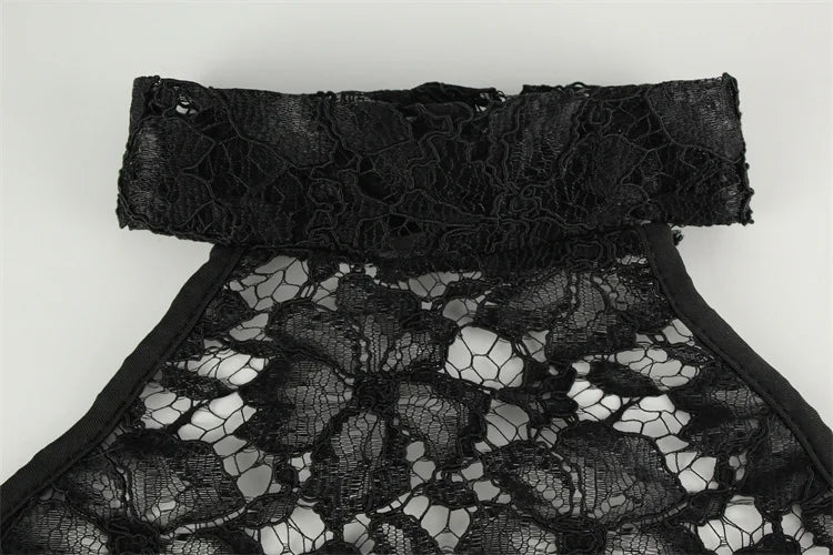 Maxi Dress with Collar, Lace Design, Sheer Hem, and Open Back - Eliza