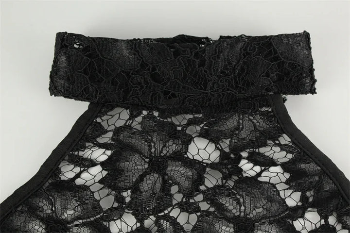 Maxi Dress with Collar, Lace Design, Sheer Hem, and Open Back - Eliza