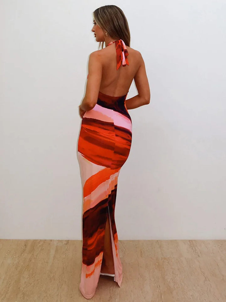 Maxi Dress with Colorful Print, Neck Tie, and Open Back - Chulia
