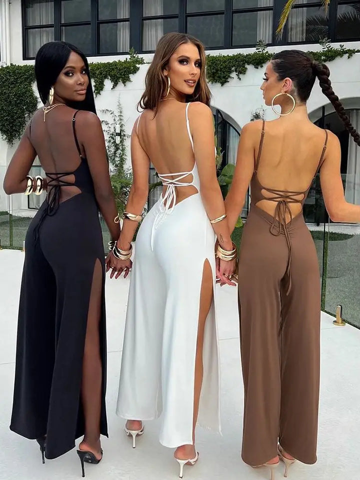 Summer Jumpsuit with Open Back, Back Ties, and Slits on Pants - Tehila