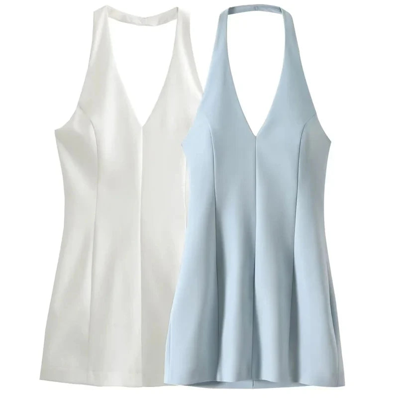 Fitted mini dress with V collar neckline - Vanilla